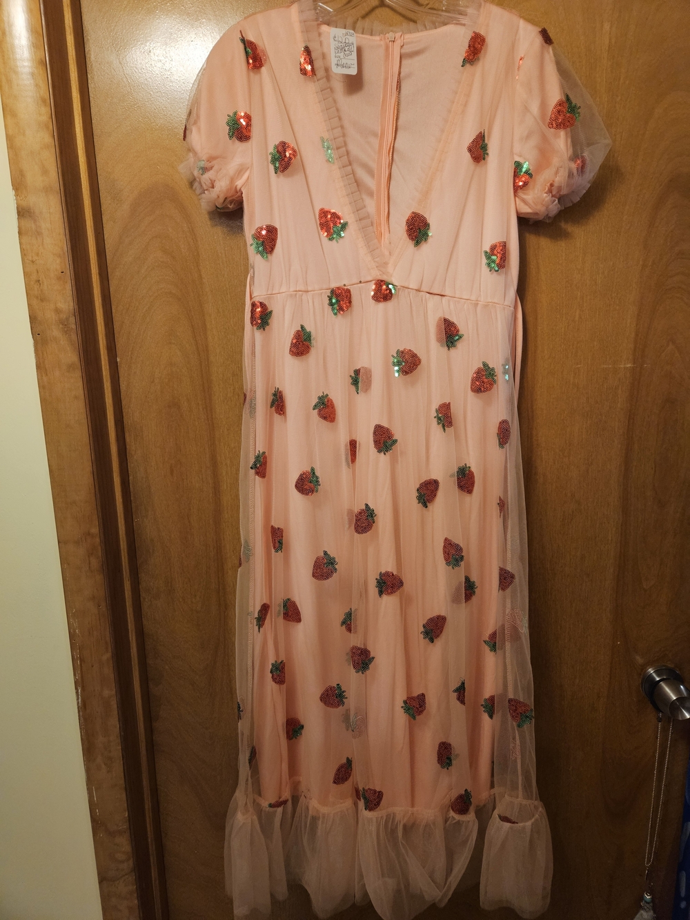 Peach Sequin Strawberry Maxi Dress - Feminine V-Neck Gown